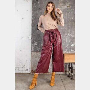 Easel Faux Leather Cropped Wide Leg Pants Burgundy M